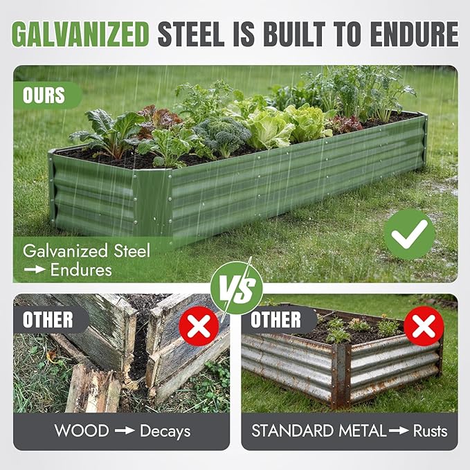 INNO STAGE 8×2×1ft Galvanized Raised Garden Bed Kit, Galvanized Planter Raised Garden Boxes Outdoor, Large Metal Raised Garden Beds for Vegetables, Flowers, Herbs, and Succulents, OliverGreen
