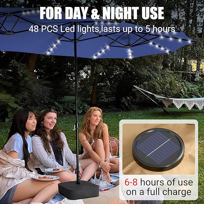 LEVELEVE 14FT Large Patio Patio Umbrella with Base & Solar LED Lights - Double-Sided,Blue