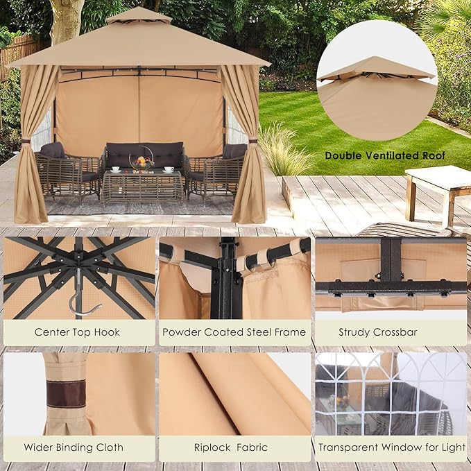 MASTERCANOPY Patio Gazebo Steel Frame Outdoor Gazebo with Windows Curtains (10x12,Beige)