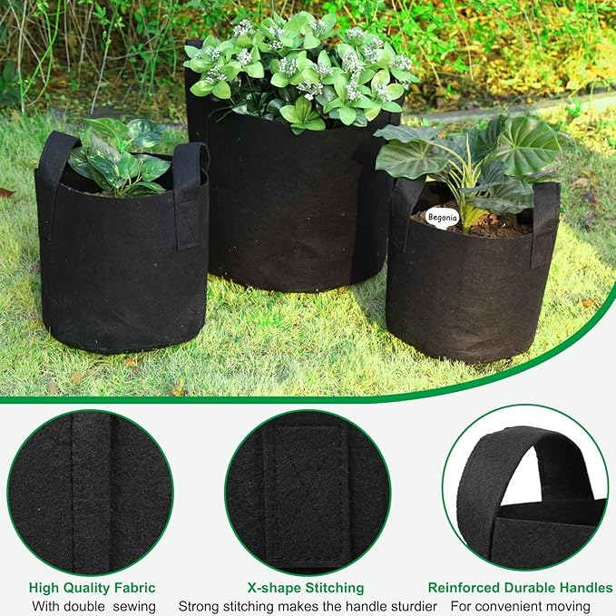 JERIA 12-Pack 5 Gallon Grow Bags, 300G Thickened Nonwoven Garden Pots,Heavy Duty Fabric Pots with Reinforced Handles