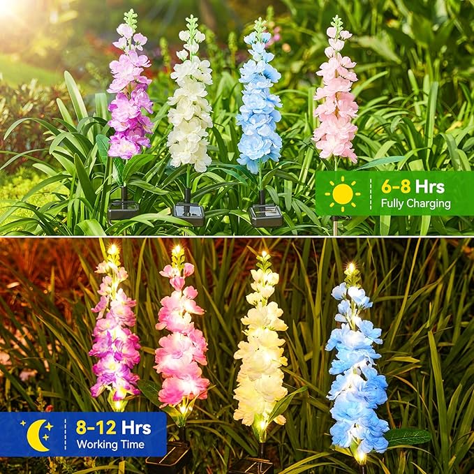KOOPER Solar Lights Outdoor Garden Decor, 8 Pack Upgraded Delphinium Solar Garden Lights with 72 LEDs, Vivid Flowers Outdoor Waterproof for Landscape Patio Yard Decor