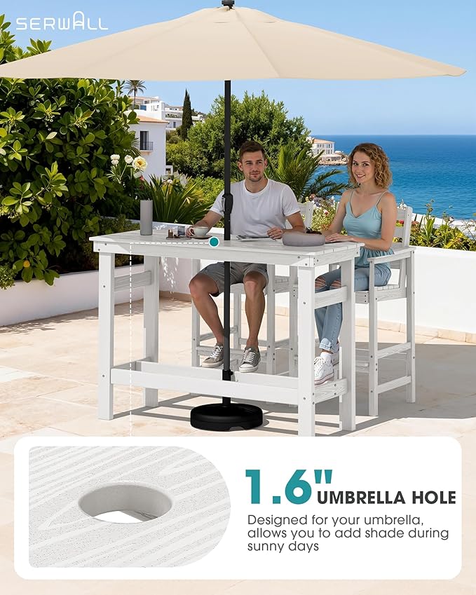 SERWALL 41" Outdoor Bar Table with 1.6" Umbrella Hole, HDPE Patio Bar Counter Height Table, All-Weather Rectangle Bar Table for Backyard, Garden, Poolside, Balcony - White