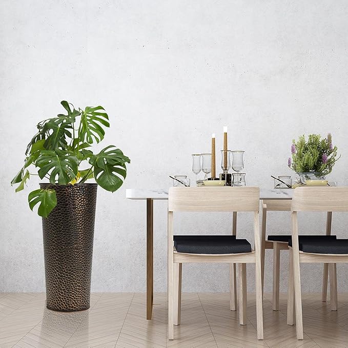 Worth 2 Pack 25" Tall Narrow Metal Planter with Inside Pot for Indoors or Outdoors, Deck, Patio or Front Porch, Hand-Hammered Texture, Bronze