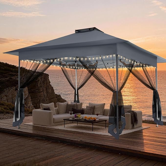 C0BIZI Gazebo 10x15 Pop up Canopy,Gazebos on Clearance-Canopy Tent with Mosquito Netting for Lawn,Garden,Backyard & Patio-Outdoor Tent-Water Resistant and UPF50+ (Gray)