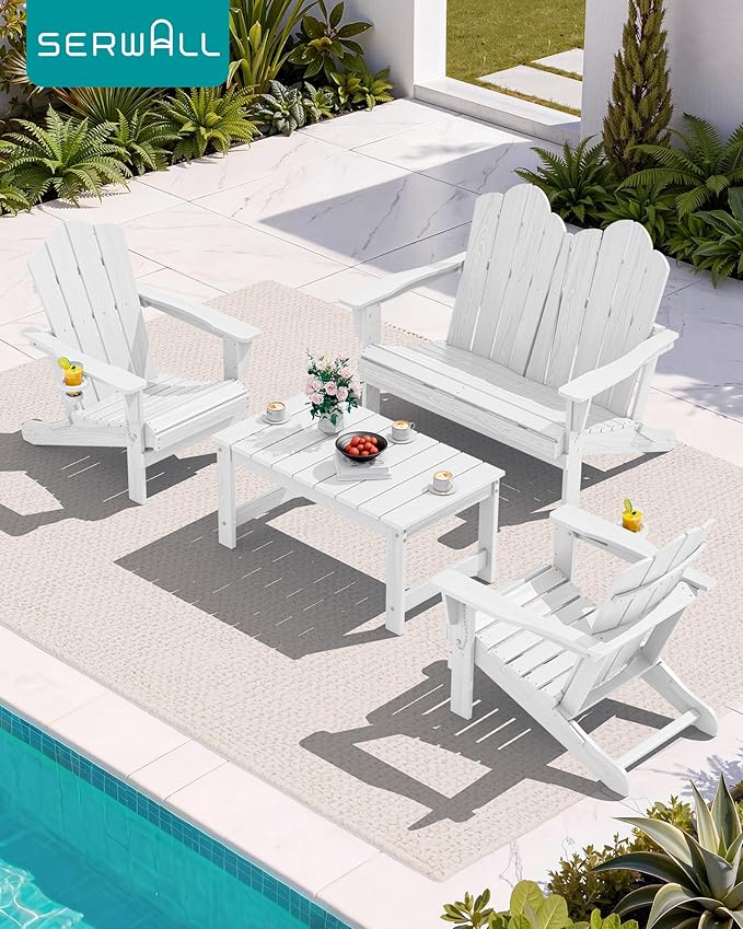 SERWALL Outdoor Coffee Table with 1.69" Umbrella Hole, HDPE Patio Coffee Table for Outside, Rectangle, White