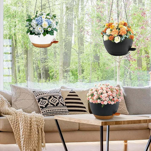 10 inch Hanging Planters for Indoor Plants, 3 Pack Self-Watering Hanging Planter Pots with Chain and Drainage Holes, Outdoor Plastic Hanging Baskets for Garden Home Decor