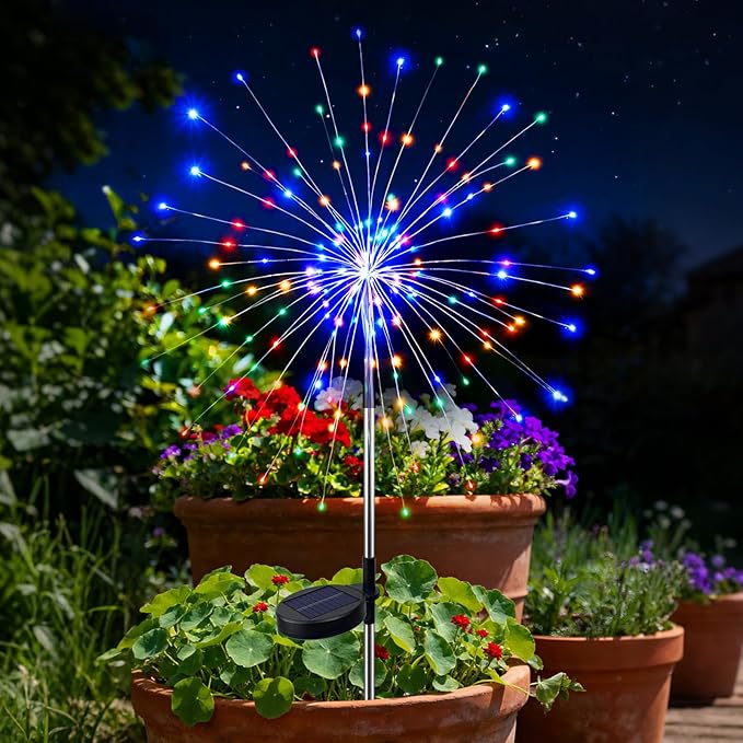 btfarm 1 Pack Solar Garden Lights Outdoor, 8 Modes Firework Lights Solar Powered, Waterproof Twinkle Fairy Light Outside for Yard Patio Pathway Pool Christmas Party Decorative, Multicolor