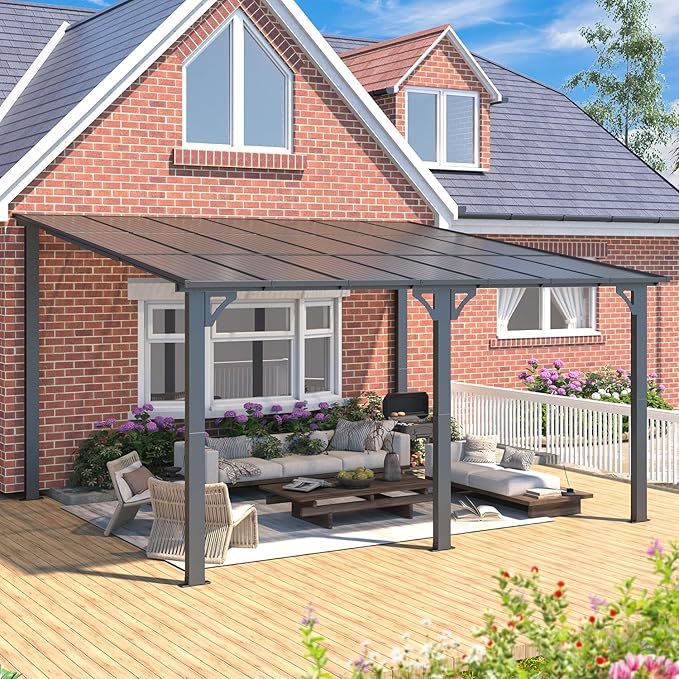 AECOJOY 14' x 12' Gazebo Outdoor Pergola, 12x14 Large Wall-Mounted Hard Top Lean to Metal Gazebo Shelter Pergolas and Gazebos Clearance with Patio Roof, Heavy Duty Awnings for Backyard, Decks