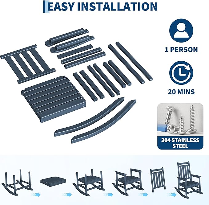HDPE Rocking Chair Outdoor- Poly High Back Porch Rocker Chairs for Adults - All Weather Resistant Furniture for Patio Front Porch - Navy Blue