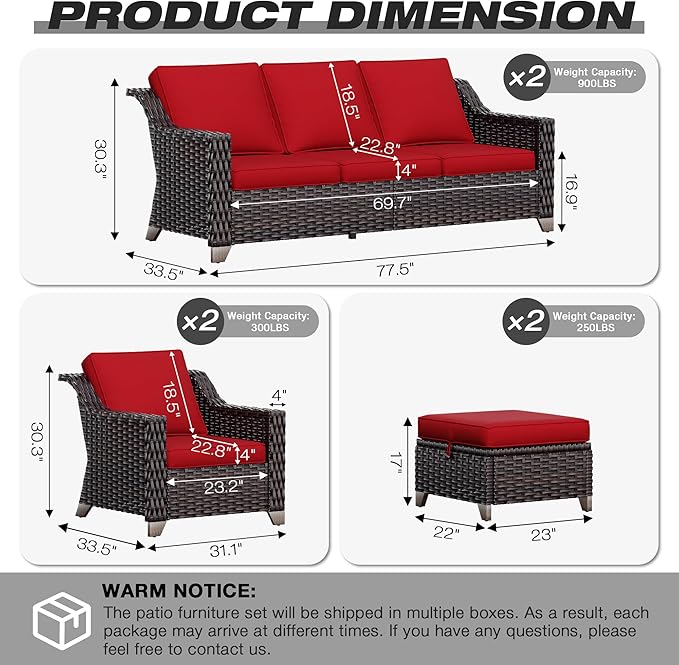 Joyside Wicker Patio Furniture Sets, 6 Pieces Upgraded Large Size Outdoor Furniture with Swivel Rocking Patio Chairs, Two 3-Seat Sofa, Outdoor Ottoman, Thick Cushions, Wide Armrest, Red