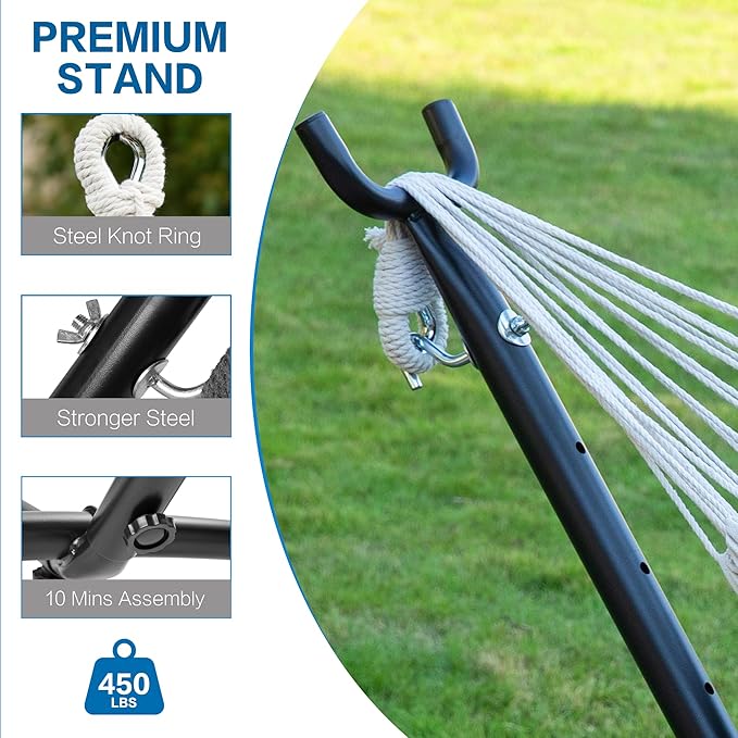 PNAEUT Double Hammocks with Stand for Outside, Portable Space Saving Heavy-Duty Steel Stand for Indoor Outdoor Patio with Sidebag, 450 lbs Capacity (Blue)
