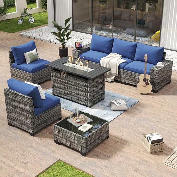 Aoxun 7 Piece Patio Furniture Set with Wide Armrests & 44” Fire Pit Table Wicker Rattan Outdoor Sectional Sofa Set with Coffee Table and Thickened Cushions, Gray/Blue(Waterproof Cover Included)
