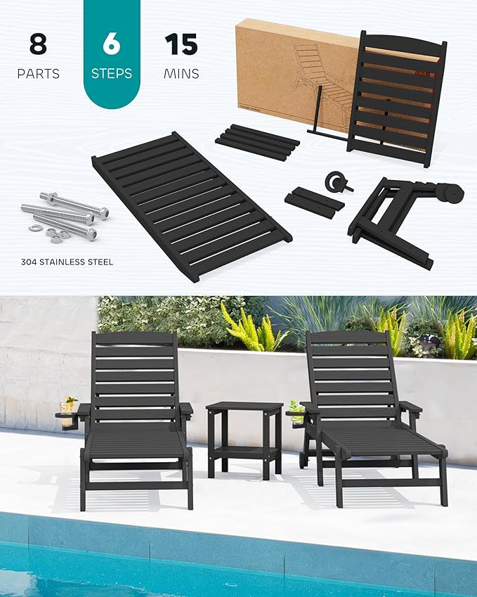 SERWALL Patio Chaise Lounge Chair Set of 2, 78'' Long 5-Positions Adjustable HDPE Outdoor Lounger for Pool, Poly Lounge Chair with Rolling Wheels & Cup Holder for Poolside, Deck, Black