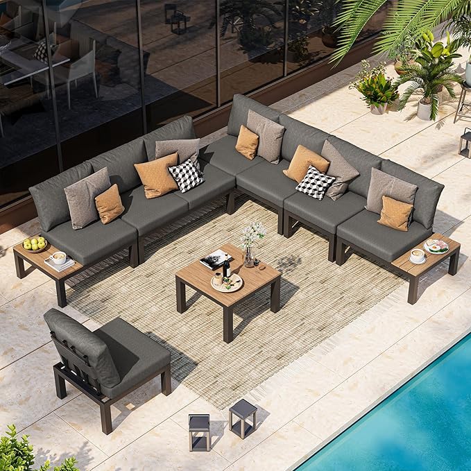 Aluminum Modular Outdoor Patio Furniture Set, 8 Seats Sectional Sofa Set with Adjustable Backrest & Thick Cushions, All-Weather L-Shaped Corner Set with Table for Garden & Yard, Graphite