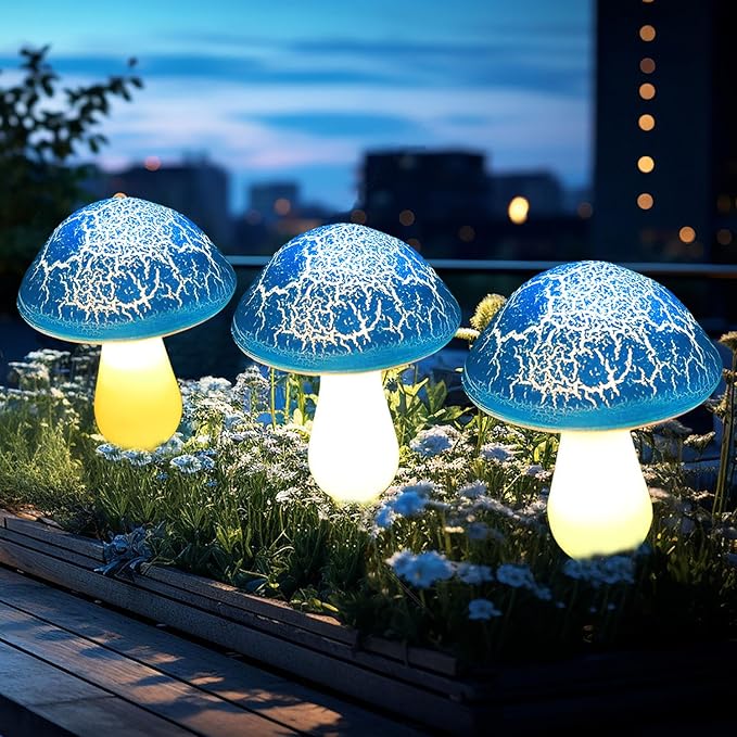 Solar Mushroom Lights Garden Decor 8 Blue Crack Mushrooms Outdoor Decor Stake Lights, Waterproof Solar Pathway Light Gardening Gifts for Landscape Easter Gnomes Yard Halloween Christmas Decorations