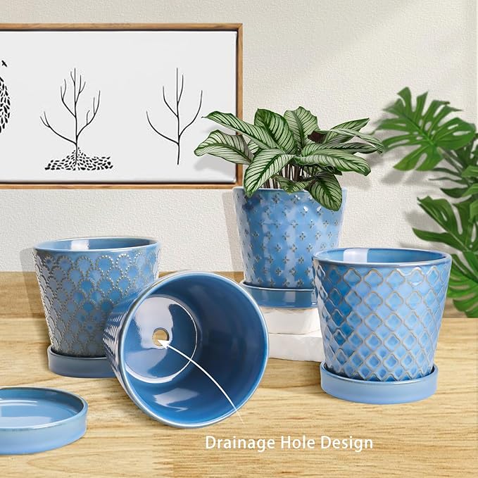 EFISPSS Plant Pots,5 Inch Pots for Indoor Plants,Planters with Drainage Hole and Saucer, Ceramic Flower Pots Desktop Office Windowsill Decoration Gift Set of 4 - Sky Blue
