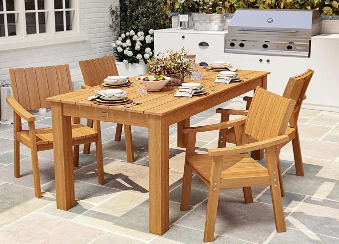 ZHUSI Patio Table and Chairs Set, Outdoor Table and Chairs,HDPE Outdoor Dining Set with Umbrella Hole for Backyard, Poolside, Porch 4 Armchairs