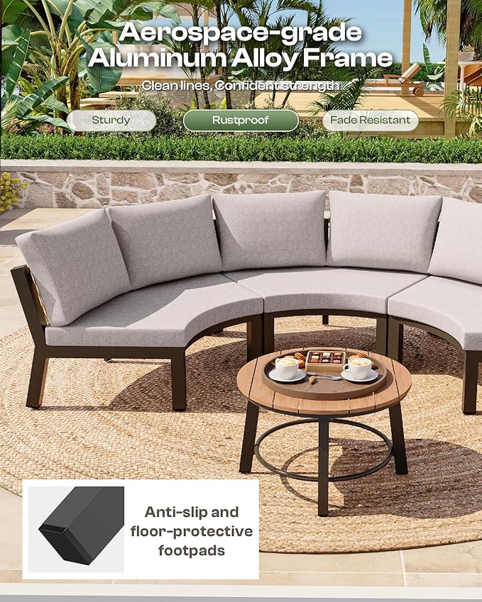 Outdoor Patio Furniture Set, 7 Piece Aluminum Curved Outdoor Sectional Sofas with Modular Coffee Table, PE Rope Patio Conversation Sets, All-Weather Patio Sofa Sets with Cushions, Gray