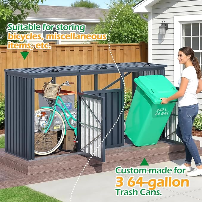 AECOJOY Outdoor Trash Can Storage Shed for 3 Garbage Cans, 73 Cu.Ft Outside Garbage Can Storage Sheds & Outdoor Storage Clearance, Dark Grey Outdoor Horizontal Storage Cabinet Waterproof