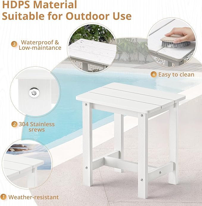 LUE BONA Outdoor Side Table, HDPS Small Outdoor Adirondack Side Tables, Outside End Table for Patio, Porch, Deck, Weather Resistant/Easy Maintenance, White