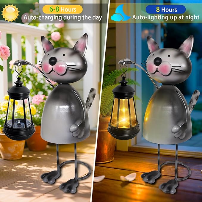 Garden Decor Cat Solar Statues,Unique Garden Statues Cat with Solar Lantern Waterproof, Birthday Gifts for Women Mom Grandma, Front Patio Balcony Yard Art Lawn Ornaments Porch Outdoor Decoration