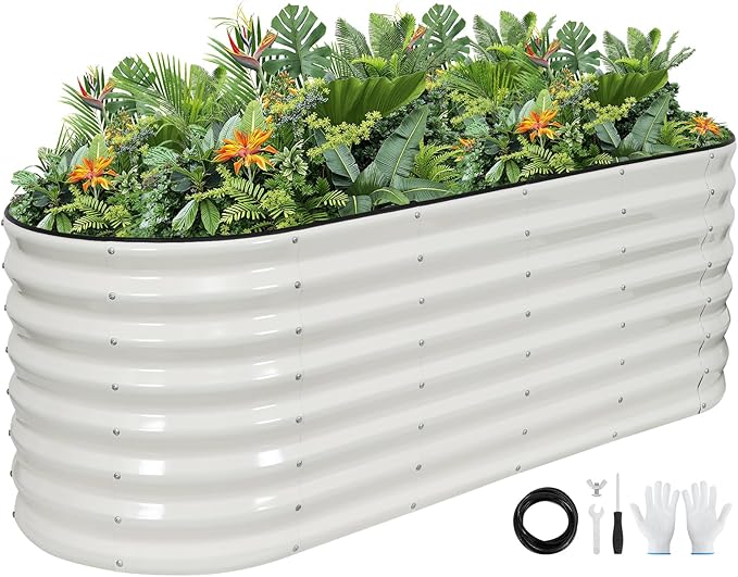 Galvanized Raised Garden Bed Outdoor 24'' Deep | Oval Metal Garden Beds with Easy Assembly & Planter Box for Planting Deep Root Vegetables Fruits Flowers, 6x2x2ft White