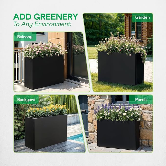 IDZO 35.4" W x 25.6" H Metal Planter Box, Privacy Trough for Patio, Rectangle Container for Outdoor Plants, Tall Large Rectangular Steel Bed for Outdoor Greens with Drainage Holes & Adjustable Feet