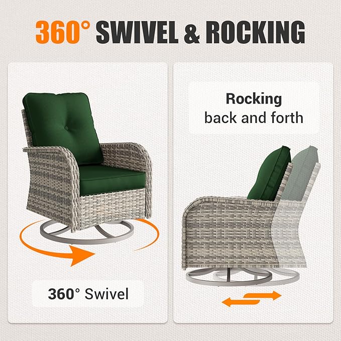 16-Piece Outdoor Patio Furniture Set with Rocking Swivel Chair, PE Wicker Rattan Sectional Sofa Patio Conversation Set with 55,000 BTU Fire Pit Table & Coffee Table, Green