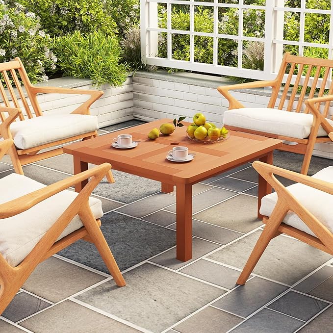 Tangkula Patio Coffee Table with Umbrella Hole, 35.5 Inches Outdoor Solid Square Wood Side Table with Slatted Tabletop & Teak Oil Finish, for Yard, Balcony, Deck