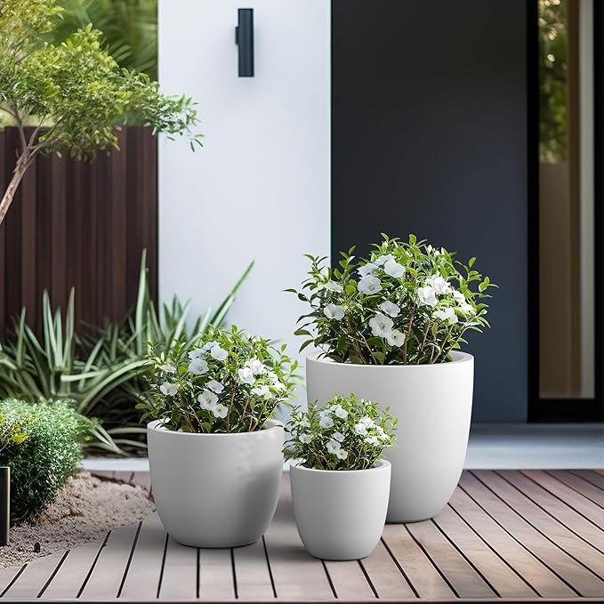 Kante 18",14",10" Dia Concrete Round Planters (Set of 3), Outdoor Indoor Large Planter Pots with Drainage Hole for Home Patio Garden, Pure White
