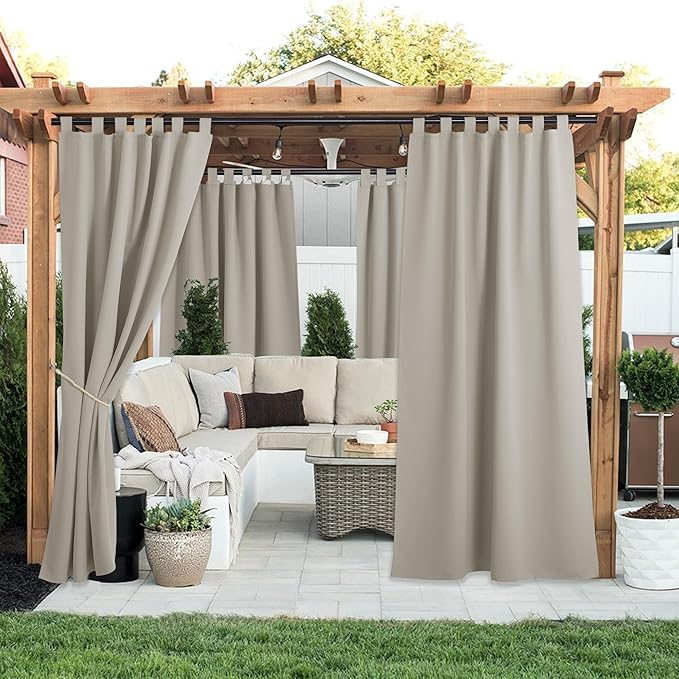 NICETOWN 2 Panels Natural Outdoor Patio Curtainss Waterproof, Detachable Sticky Tab Top Thermal Insulated Privacy Indoor Outdoor Drapes Cold & Heat Block Room Darkening for Pergola, W52 x L108
