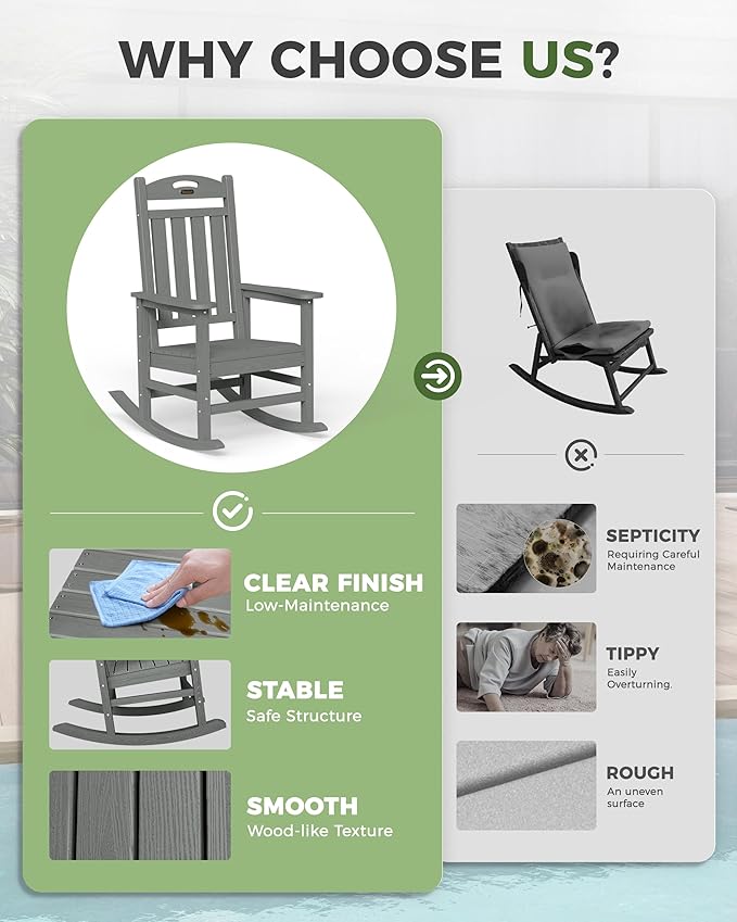 Oversized Outdoor Rocking Chair Set of 4, High Back Porch Rocker Chair, HDPE Rocking Chairs for Patio, Living Room, Light Grey
