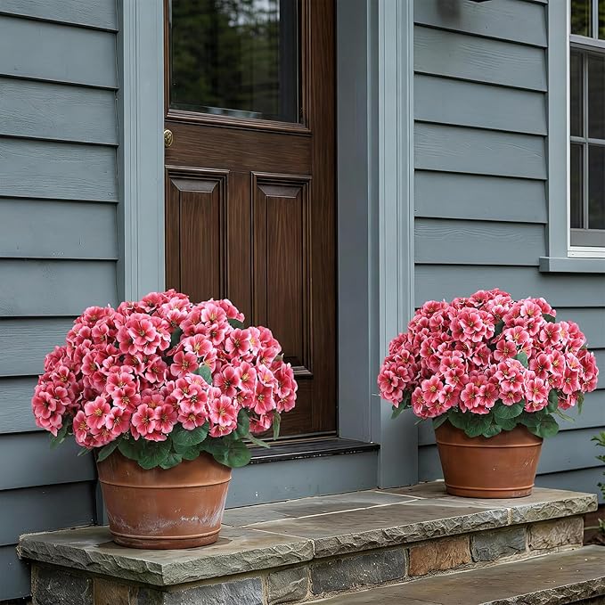 2 Pack Artificial Geranium Flowers Topitary Trees for Outdoors, UV Resistant Geraniums Potted Bushes Look Real Silk Faux Plants for Front Door Garden Porch Planter Farmhouse Home Decor (Peach Red)