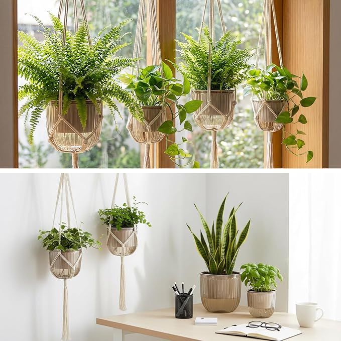 6 Pack Self Watering Hanging Planters Indoor Flower Pots(4.5 +6.5) Visible Water Level Markers 3 Hanging Ropes with Drainage Holes for Indoor Outdoor Garden Home Decor Supplies(Grey)