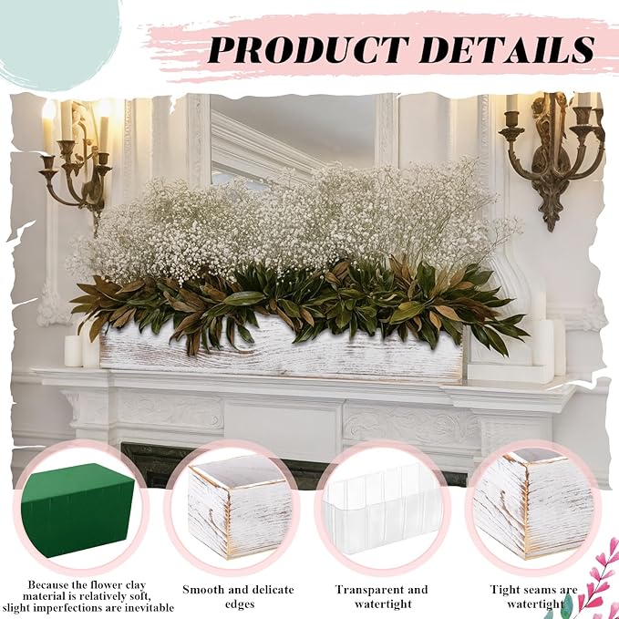 Dandat 1 Set Wood Boxes for Centerpieces 16x4 Inch Rectangle Wooden Planter Box Rustic Wooden Planters with Removable Plastic Liner Floral Foam Blocks for Christmas Wedding Home Garden Decor(White)
