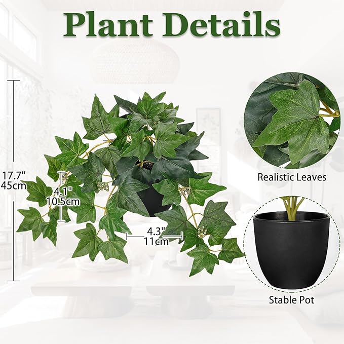 17.7" Artificial Plants Indoor Home Decor, Fake Potted Silk Plants for Shelves, Desks, Living Room, Home & Office Decor, Small Artificial Ivy Vine Plant in Pot, Faux Greenery Tropical Plant, Green