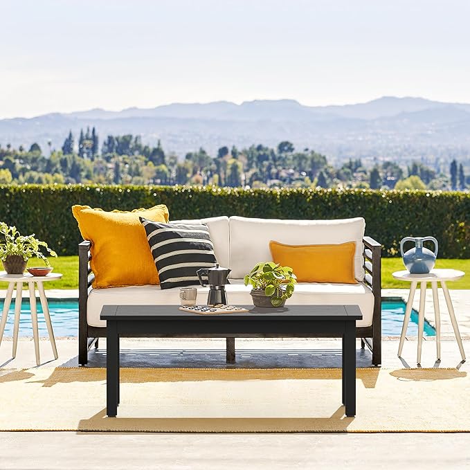 LUE BONA Outdoor Coffee Table, HDPS Black Patio Coffee Tables for Outside Rectangle, Adjustable Levelling Feet/Weather Resistant, Patio Table for Deck, Pool, Balcony, Indoor or Outdoor Use