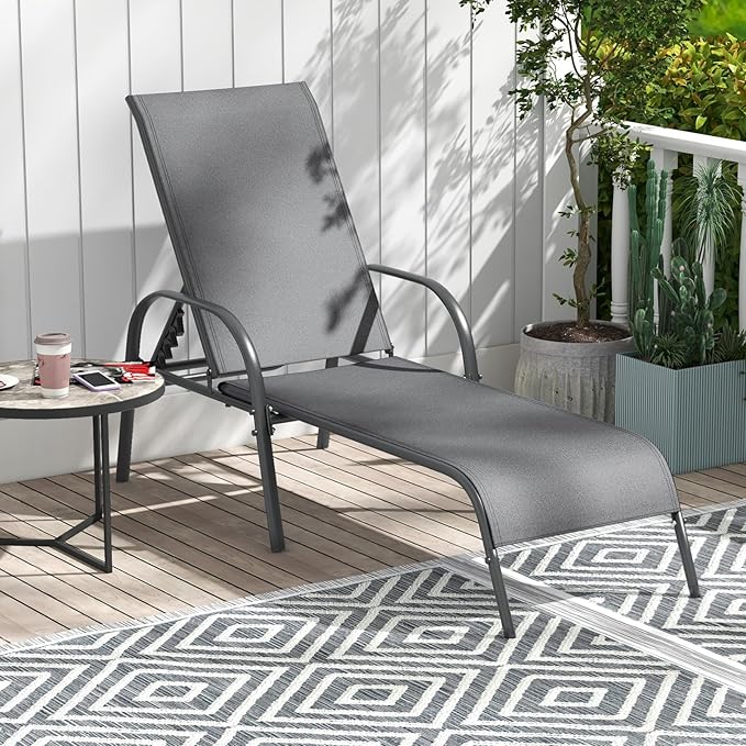 Giantex Patio Lounge Chair, Outdoor Chaise Lounge with 5 Adjustable Backrest, Sturdy Steel Frame, Sunbathing Recliner, Tanning Chair for Beach, Outside, Yard, Balcony, Pool Chairs (1,Dark Gray)
