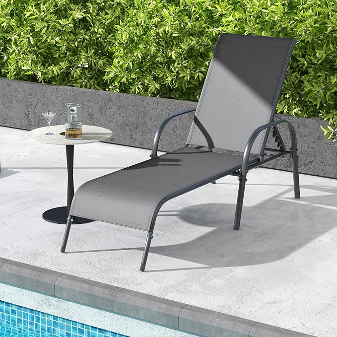 Giantex Patio Lounge Chair, Outdoor Chaise Lounge with 5 Adjustable Backrest, Sturdy Steel Frame, Sunbathing Recliner, Tanning Chair for Beach, Outside, Yard, Balcony, Pool Chairs (1,Dark Gray)