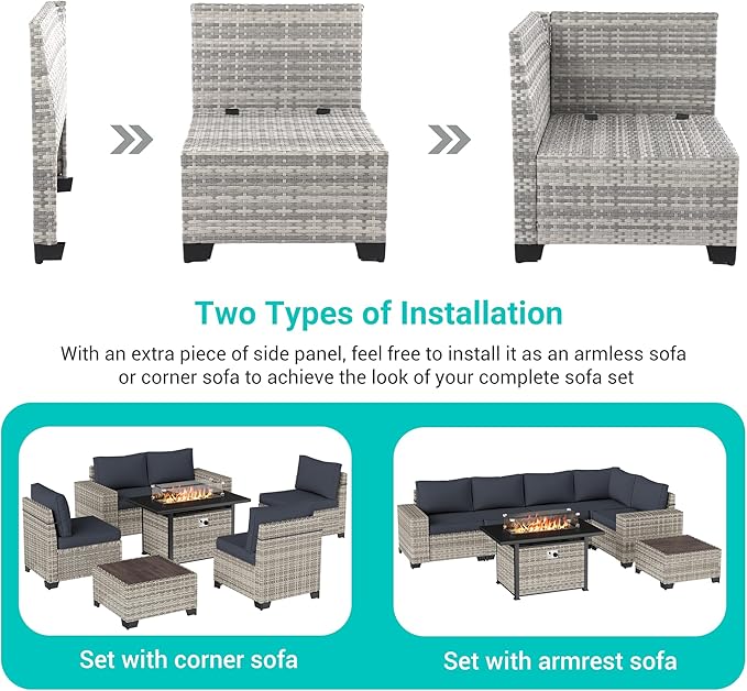 7 Pieces Outdoor Patio Furniture Set with 55,000 BTU Propane Fire Pit Table, PE Wicker Rattan Sectional Sofa Patio Conversation Set with Coffee Table, Dark Grey