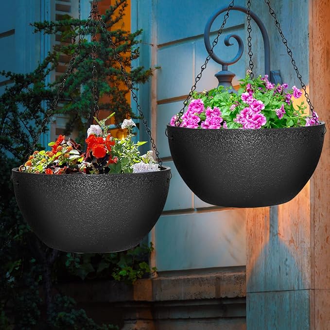 Enenes 13 Inch Large Hanging Planters 2 Pack, Plastic Plant Pots with Drainage Holes and Chains for Indoor or Outdoor Garden, Patio, Large Hanging Baskets