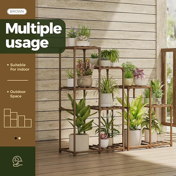 Bamworld Indoor Plant Stands Outdoor Combo Plant Shelves for Multiple Plants 10 Pots Wooden 2 Sets of Package Plant Rack for Living Room Balcony Garden