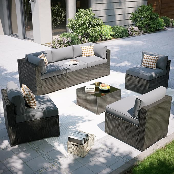Aoxun Patio Furniture Set, 7 Piece Outdoor Sectional Sofas with Waterproof Cover, Wicker Rattan Outdoor Furniture Patio Conversation Set for Backyard, Garden Light Grey