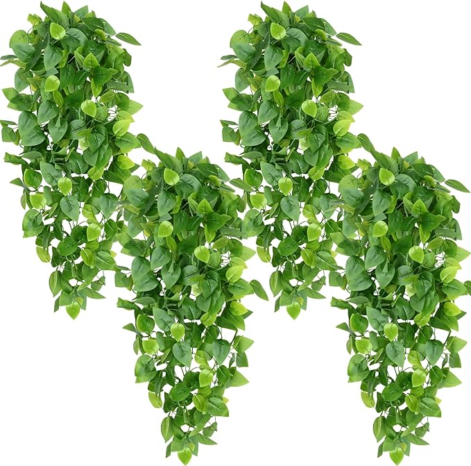 Waipfaru Fake Hanging Plants, 4pcs Artificial Hanging Plant, Faux Ivy Pothos Vines Greenery for Wall Home Bedroom Living Room Aesthetic Kitchen Office Aesthetic Kitchen Indoor Outdoor Decor
