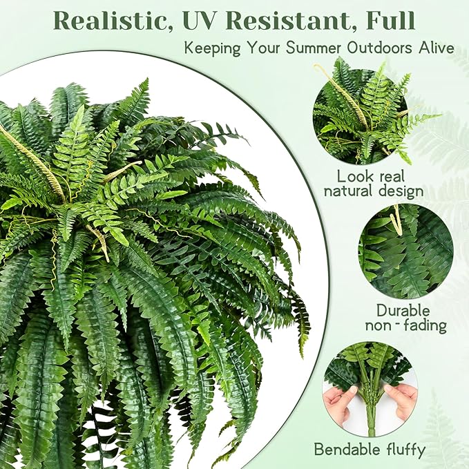 MARTINE MALL 2Pcs 48'' Fake Ferns Look Real Artificial Ferns for Outdoors, 88 Branches Large Faux Boston Fern for Outdoor Planter Realistic UV Resistant Hanging Artificial Fake Plants for Porch Patio