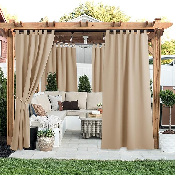 NICETOWN 2 Pieces Outdoor Curtainss Waterproof for Patio Clearance, Room Darkening Sticky Tab Top Thick Light Block Thermal Insulated Outdoor Drapes for Front Porch, Biscotti Beige, W52 by L95