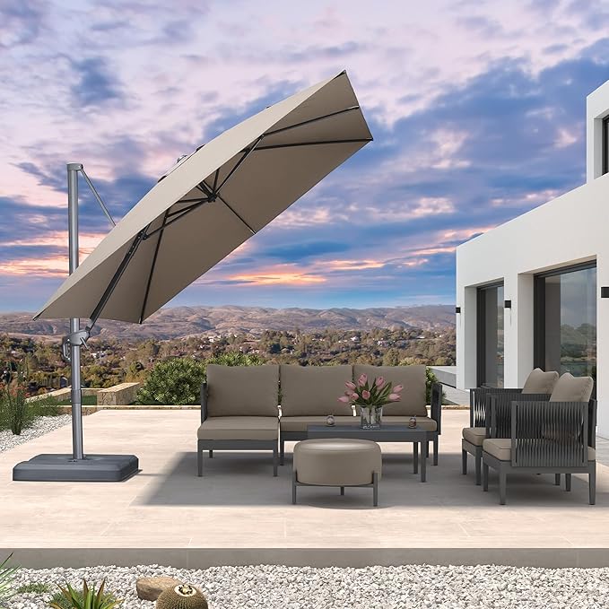PURPLE LEAF Patio Umbrella 10' X 10' Rectangle Cantilever Umbrella Large Aluminum Outdoor Umbrellas with 360-degree Rotation & UPF40+ Premium Fabric for Deck Pool Garden Yard, Ash Mocha