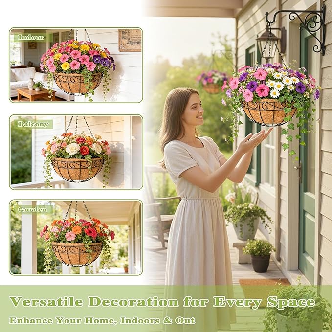 4 Pack 14 Inch Hanging Baskets for Plants Outdoor Metal Hanging Planter Hanging Flower Baskets with Coco Fiber Liners Chain Round Wire Plant Holder Hangings Flower Pots(Plaid)