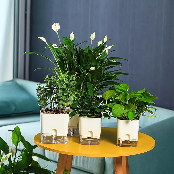 Planterhoma Self Watering Plant Pots for Indoor Plants 7 inch, 4 Packs Rectangle Self-Watering Planters with Drainage Hole, White African Violet Pots for Devil's Ivy, Spider Plant, Orchid, Herb