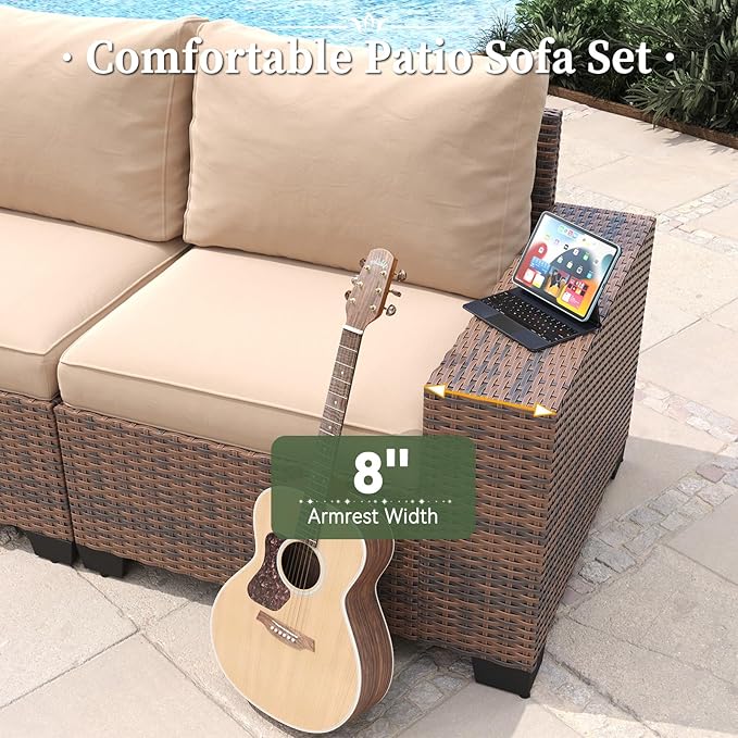 Aoxun 6 Piece Patio Furniture Set with Wide Armrests Wicker Rattan Outdoor Sectional Sofa Set with Coffee Table and Thickened Cushions, Brown/Beige(Waterproof Cover Included)